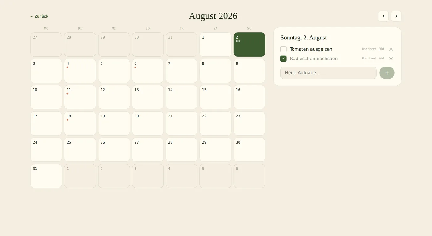 Month calendar with garden to-dos for the selected day