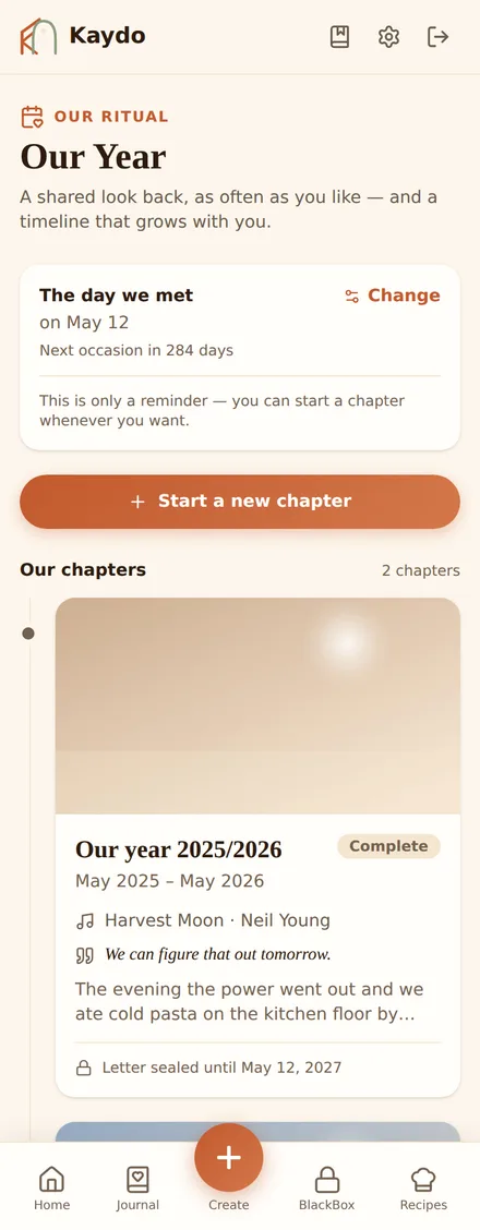 Our Year review ritual on a phone, showing chapter questions for a couple