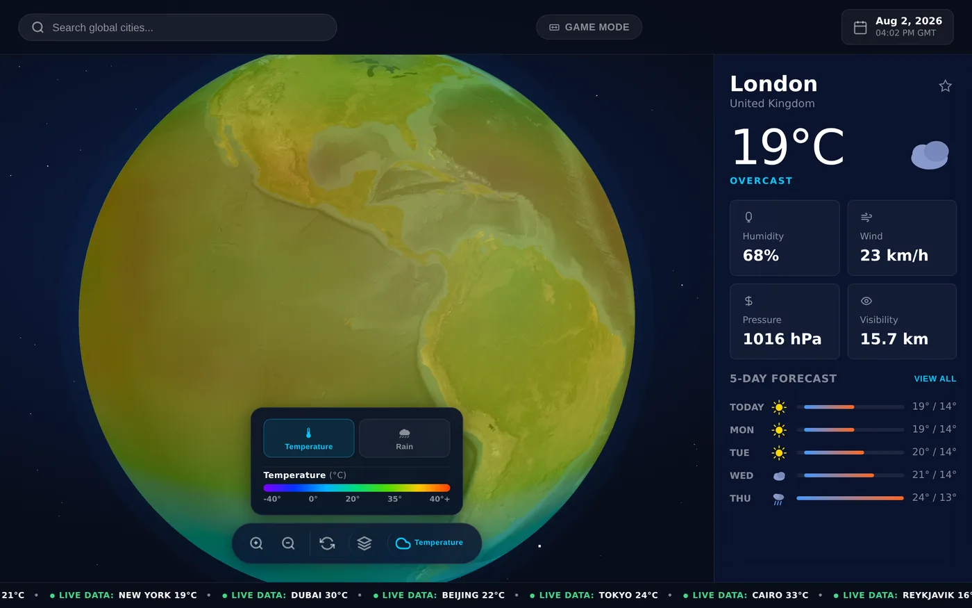 Globe with a temperature overlay painted across continents and a colour legend