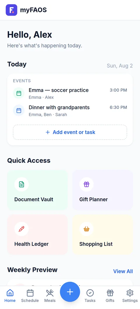 myFAOS dashboard showing today's appointments and quick access tiles