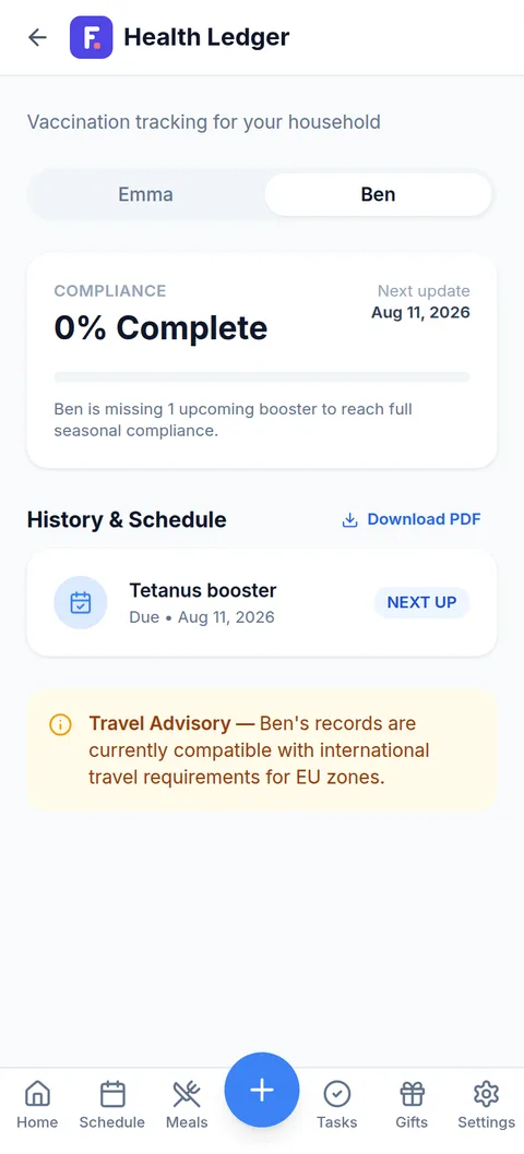 Vaccination record for a child showing an upcoming tetanus booster